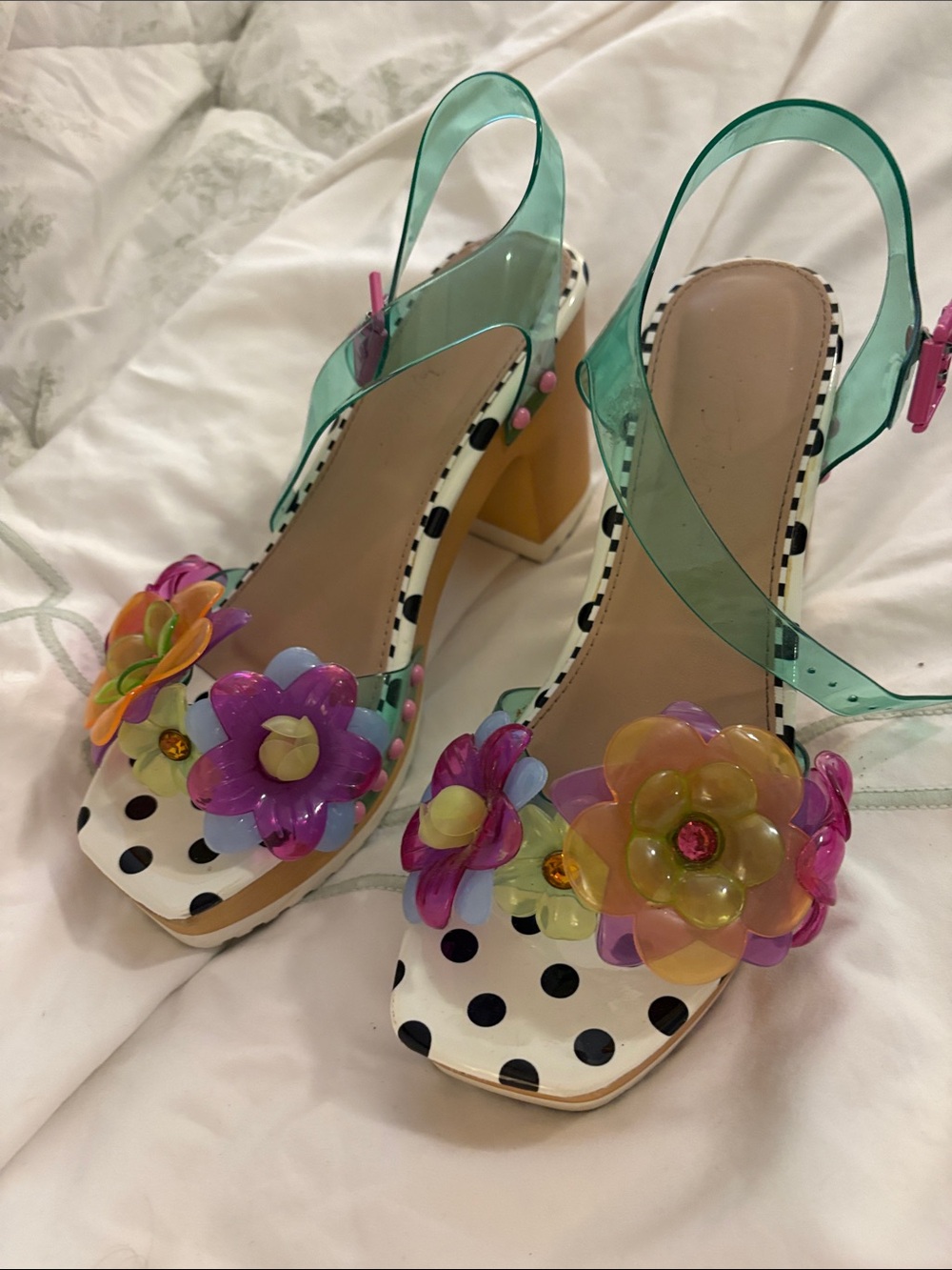 Betsey Johnson Multicolor Floral Polka Dot Block Heel Sandals